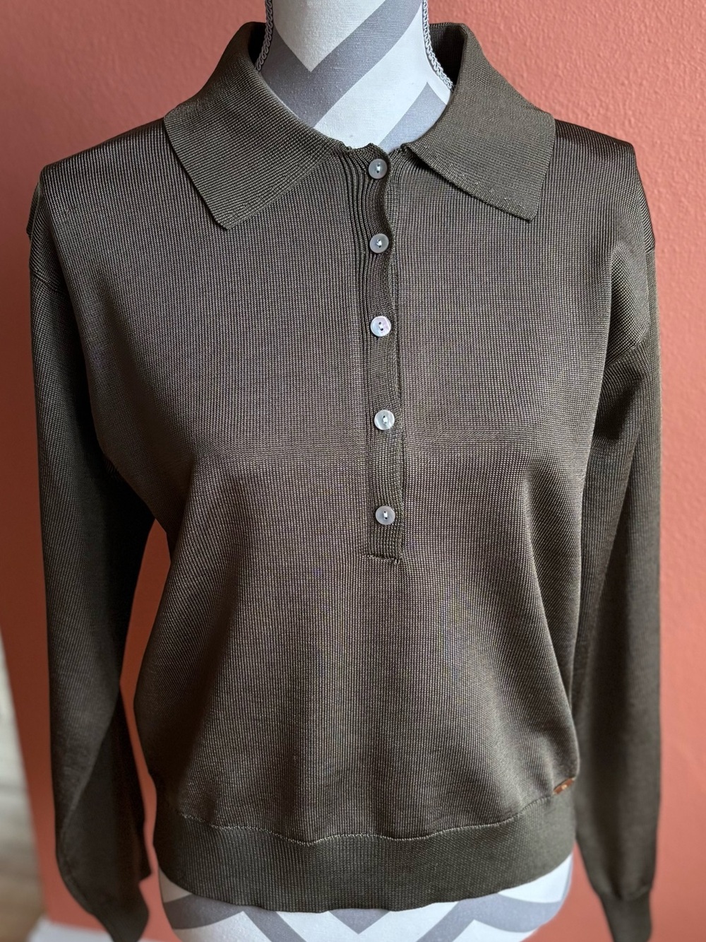 Elie Tahari Chocolate Brown Long-Sleeve Polo Knit Top